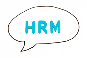 Alphabet letter with word HRM (Abbreviation of human resource management) in black line hand drawing as bubble speech on white board background