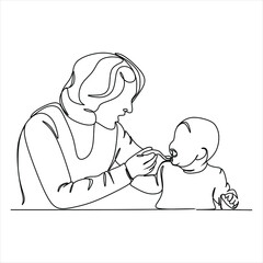 Continuous line drawing of mother feeds the child. Template for your design works. Vector illustration.