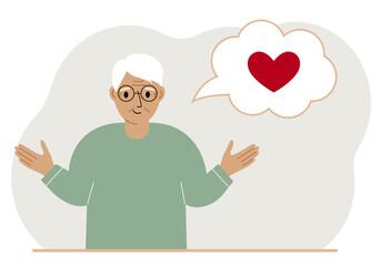 Happy grandfather thinks about love. In the balloon of thought is a red heart. Vector