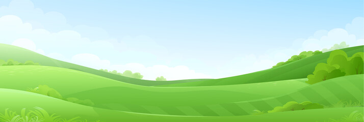Obraz na płótnie Canvas Vector cartoon landscape, seasons hills, grass field, farm background. Cute and bright countryside, green grassland, outdoor design. 
