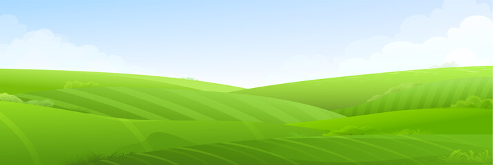 Obraz premium Vector cartoon landscape, seasons hills, grass field, farm background. Cute and bright countryside, green grassland, outdoor design. 