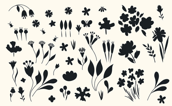 different bright Flowers and bugs Silhouettes premium vector template