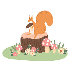 squirrel woodland animal illustration, forest vector clipart, sublimation designs images, baby shower clip art