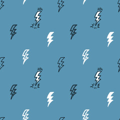 Lightning Bolt Signs Vector Seamless Pattern. Hand Drawn Doodle Black White Thunderbolts on Blue Background.
