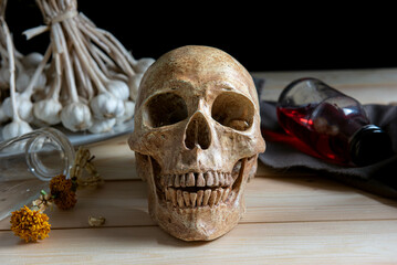 Human skull on wooden board with still life style