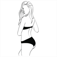 Woman stands dressed in panties and bra, underwear one line art on white isolated background. Vector illustration
