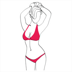 Woman stands dressed in panties and bra, underwear one line art on white isolated background. Vector illustration
