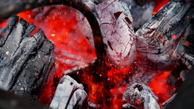 close-up of a very hot coal burning on a grill in slow motion and flames. Smoldering coal, fiery background, red flame burns out