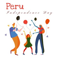 Illustration of parents and daughter playing with balloons and peru independence day text