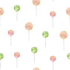 Watercolor seamless pattern with candy lolly pops. Isolated on white background. Hand drawn clipart. Perfect for card, fabric, tags, invitation, printing, wrapping.