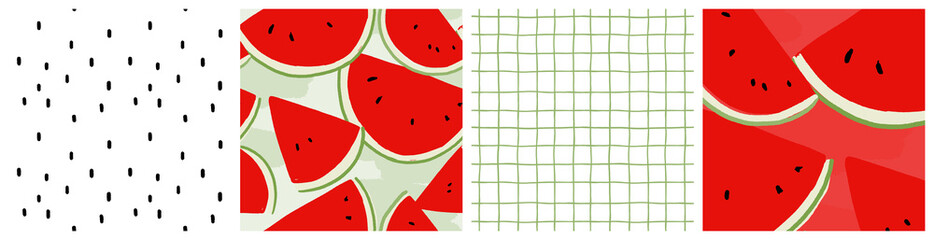  Fresh watermelon seamless pattern set with summer fruit colorful motifs. Large red slices of refreshing food and coordinating simple grid and spots, imitating seeds vector graphic for kitchen textile