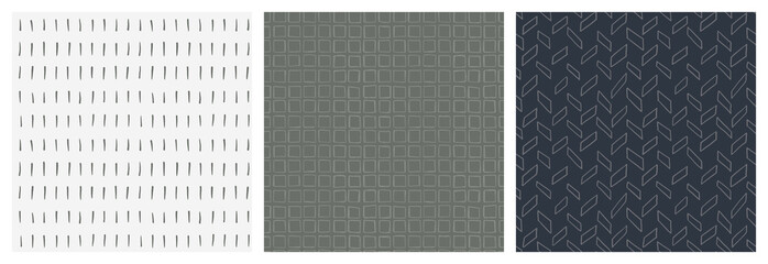Simple masculine seamless pattern set in olive green, dark grey and white neutral colors. Abstract modern graphic design with hand drawn herringbone, square and pain mark motifs for textile print or p