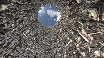 3D-illustration of a multiverse with skysrcapers in a cylinder