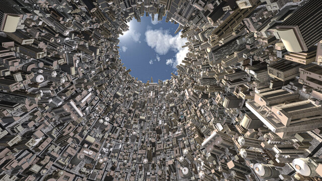 3D-illustration of a multiverse with skysrcapers in a cylinder