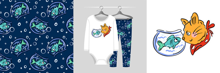 Seamless pattern and illustration set with the cat looks at the fish in the aquarium. Baby design pajamas, background for apparel, room decor, tee prints, baby shower, fabric design, wrapping