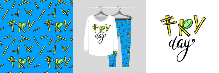 Naklejka premium Seamless pattern and illustration set with tasty fry and text Fry day. Baby design pajamas, background for apparel, room decor, tee prints, baby shower, fabric design, wrapping