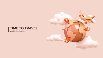 Summer 3d realistic render. Airplane flies around the planet in beautiful white clouds. Summer holidays, airplane flights. Travel concept in Realistic 3d cartoon minimal style. Vector illustration