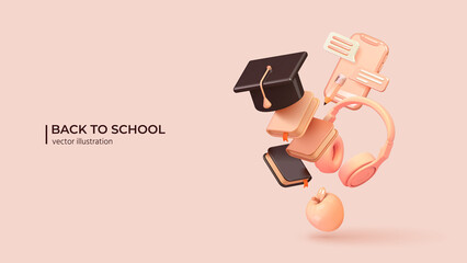 Back to school. Realistic 3d design of school supplies in cartoon minimal style. Academic cap, books, headphones and smartphone. Vector illustration - 507327408