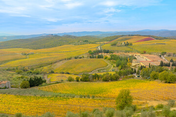 Fototapeta na wymiar Tuscany vineyard, a wine-growing village Radda in Chianti in Italy. Panoramic view of terraced vineyards, Chianti wine vineyards by the brolio Castle in Siena province.