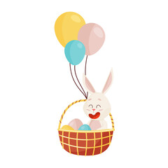 laughing Rabbit Sitting into Basket with Eggs