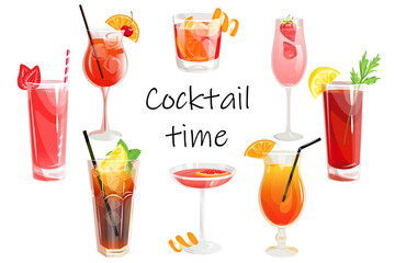 Time for cocktails.Background with various summer, refreshing drinks.Vector illustration.