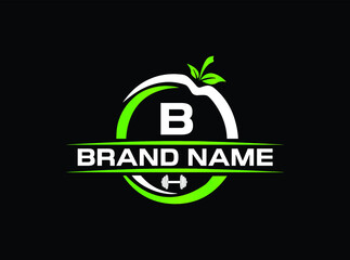 Sports nutrition logo template with letter B. green apple with dumbbell vector design. Fitness nutrition logo