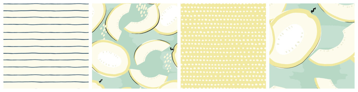 Fresh melon botanical seamless pattern set. Abstract modern graphic design with hand drawn simple food motifs for kitchen textile or product packaging in yellow, white and mint colors.