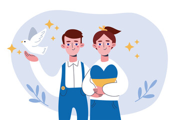 Happy children smile wearing Ukrainian flag blue and yellow flag in the shape of a heart. A dove of peace. The concept of peace in Ukraine. Vector illustration. Independence Day. 