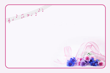 ピンクのリボンとピンクや青の矢車草の花束の楽譜・フレーム(ピンクバック）
