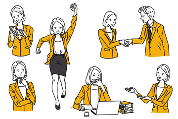 Cute character set of young businesswoman in various activities at work, holding fists in fighting expression, using smartphone, shaking hands, showing hands, tired with sleepy, thinking.