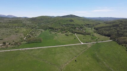 Spring Aerial view of rural land near town of Godech Bulgaria