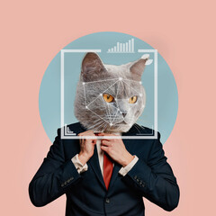 Portrait of a business man with an animal face on a pink blue background. Smart serious cat....