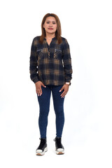 front view of a full portriai of a women with jeans and sneaker on white background