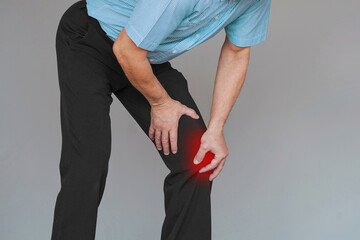 Elderly man with knee pain. Caucasian old man knee ache, healthcare concept