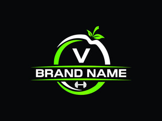 Sports nutrition logo template with letter V. green apple with dumbbell vector design. Fitness nutrition logo