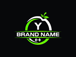 Sports nutrition logo template with letter Y. green apple with dumbbell vector design. Fitness nutrition logo