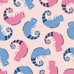 Cute chameleons hand drawn vector illustration. Funny exotic lizard in flat style. Seamless pattern for kids fabric or wallpaper.