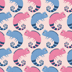 Colorful chameleon hand drawn vector illustration. Funny tropical lizard in flat style. Seamless pattern for kids fabric.