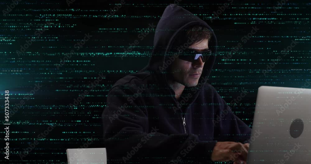 Poster animation of data processing and caucasian male hacker over black background