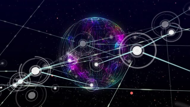 Animation of data processing and globe over black background