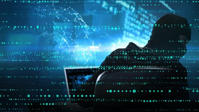 Animation of data processing and hacker over blue background