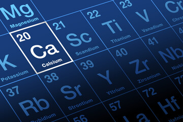 Calcium on periodic table of the elements. Alkaline earth metal, with symbol Ca and atomic number 20. As electrolytes, calcium ions play a vital role in the physiological and biochemical processes. - obrazy, fototapety, plakaty