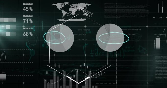 Animation of data processing and shapes on black background