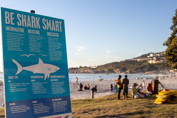 Sign warning of the presence of sharks on a beach in South Africa