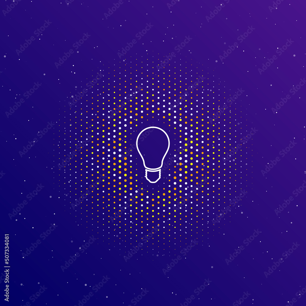 Poster a large white contour lamp symbol in the center, surrounded by small dots. dots of different colors 