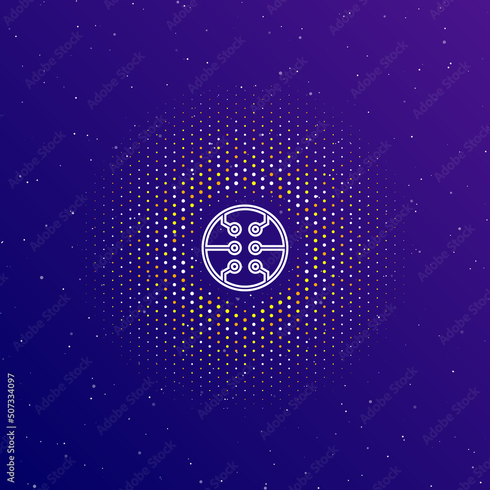 Poster a large white contour microcircuit symbol in the center, surrounded by small dots. dots of different
