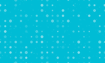 Seamless background pattern of evenly spaced white astrological earth symbols of different sizes and opacity. Vector illustration on cyan background with stars