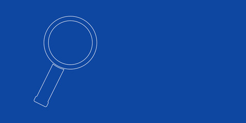 A large white outline magnifier symbol on the left. Designed as thin white lines. Vector illustration on blue background