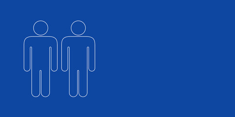 A large white outline man with man symbol on the left. Designed as thin white lines. Vector illustration on blue background