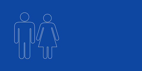 A large white outline man with woman symbol on the left. Designed as thin white lines. Vector illustration on blue background